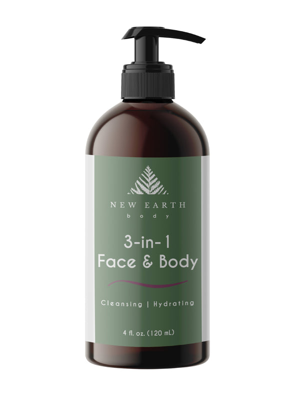 3-in-1 Face and Body oil to cleanse and moisturize skin naturally. 4-ounce amber glass bottle with black lotion pump.