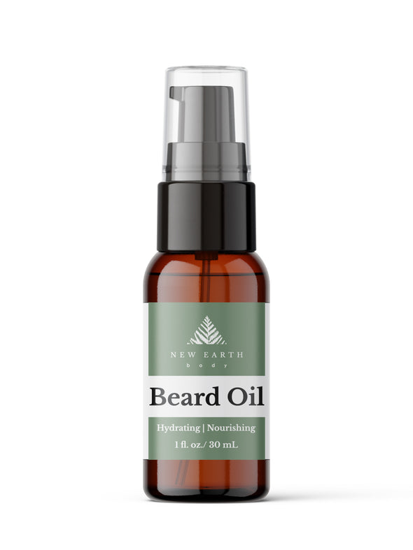 Beard Oil for hydrating the skin underneath and maintaining soft facial hair. 1-ounce amber glass bottle with treatment pump.