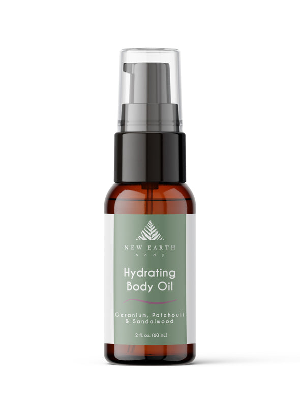 Hydrating body oil with patchouli, geranium and sandalwood essential oils. 2-ounce amber glass bottle with treatment pump.
