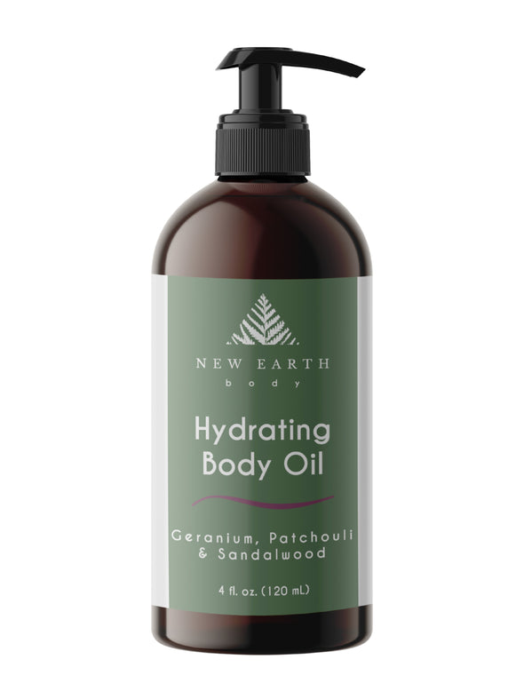 Hydrating body oil with patchouli, geranium and sandalwood essential oils. 4-ounce amber glass bottle with lotion pump.