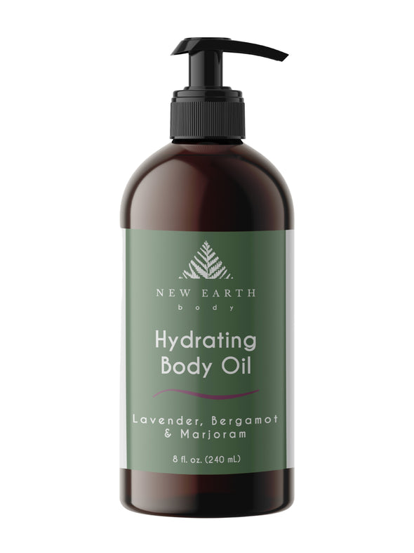 Hydrating body oil with lavender, bergamot and marjoram essential oils. 8-ounce amber glass bottle with lotion pump.