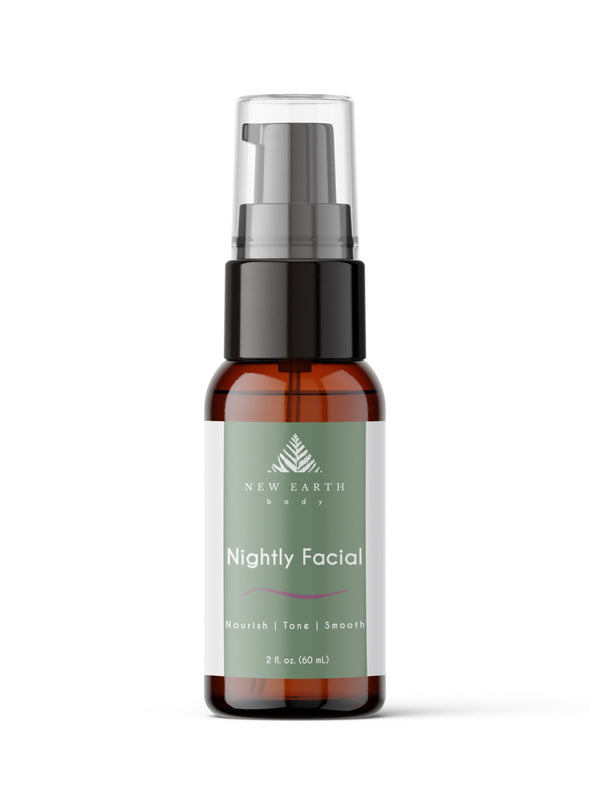 Nightly facial oil blend. 2-ounce amber glass bottle with treatment pump.