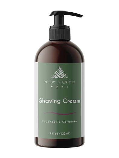 Shaving cream with lavender and geranium essential oils, 4-ounce amber glass bottle with lotion pump