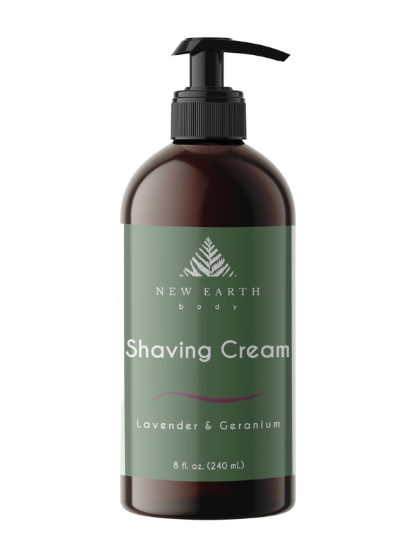 Shaving cream with lavender and geranium essential oils, 8-ounce amber glass bottle with lotion pump